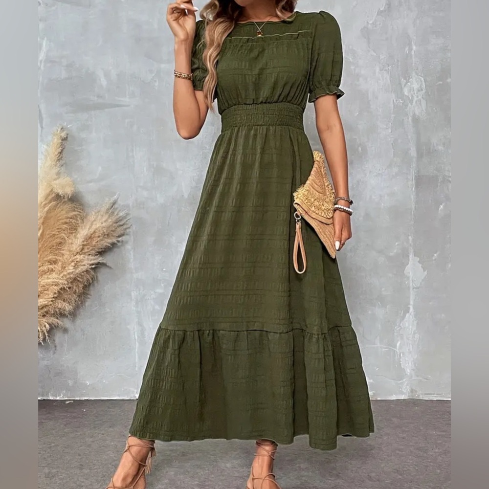 Olive Textured Puff-Sleeve Midi Dress | Smocked High Waist, Tiered - Picture 4 of 4